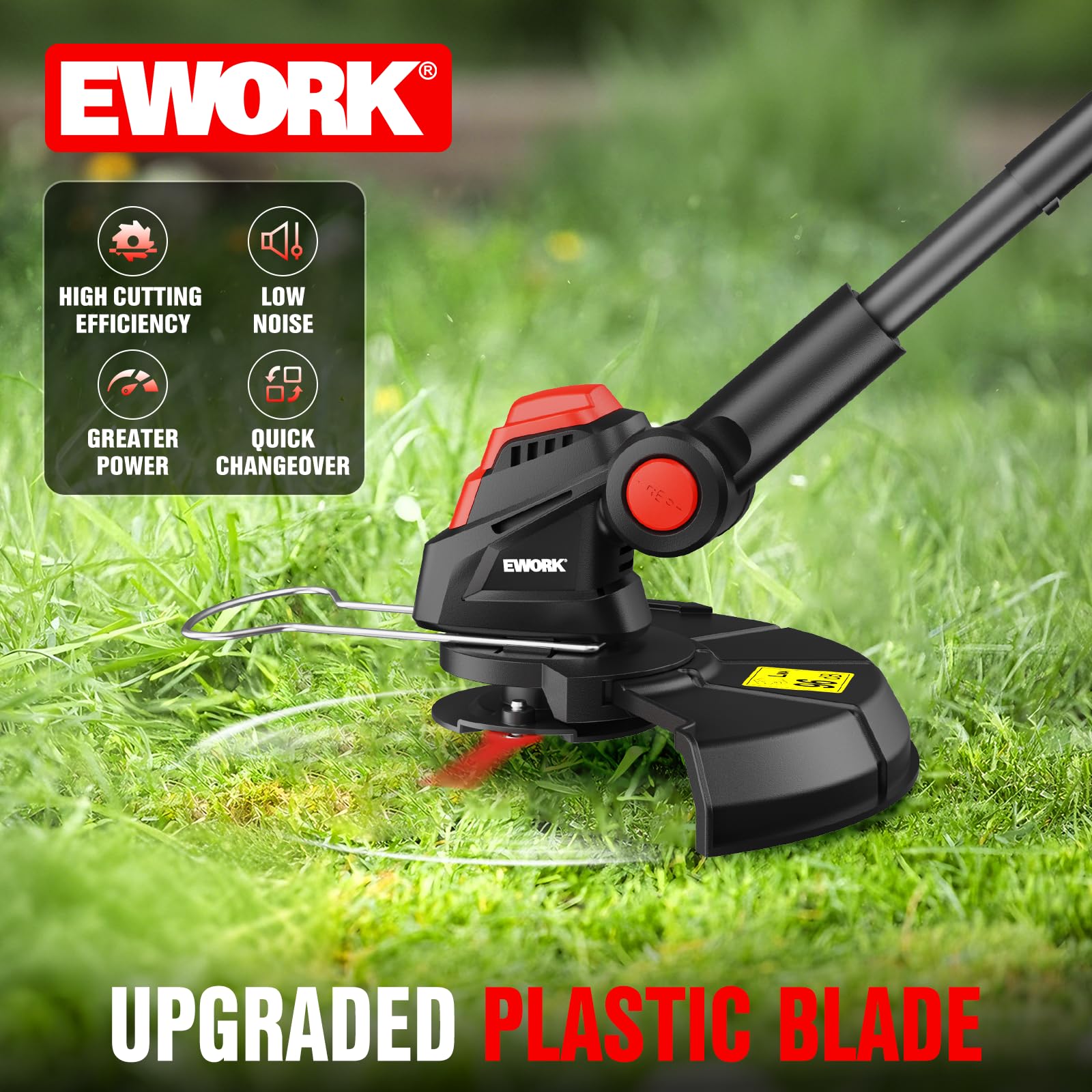 EWORK 2-in-1 Cordless Weed Wacker side view with battery pack