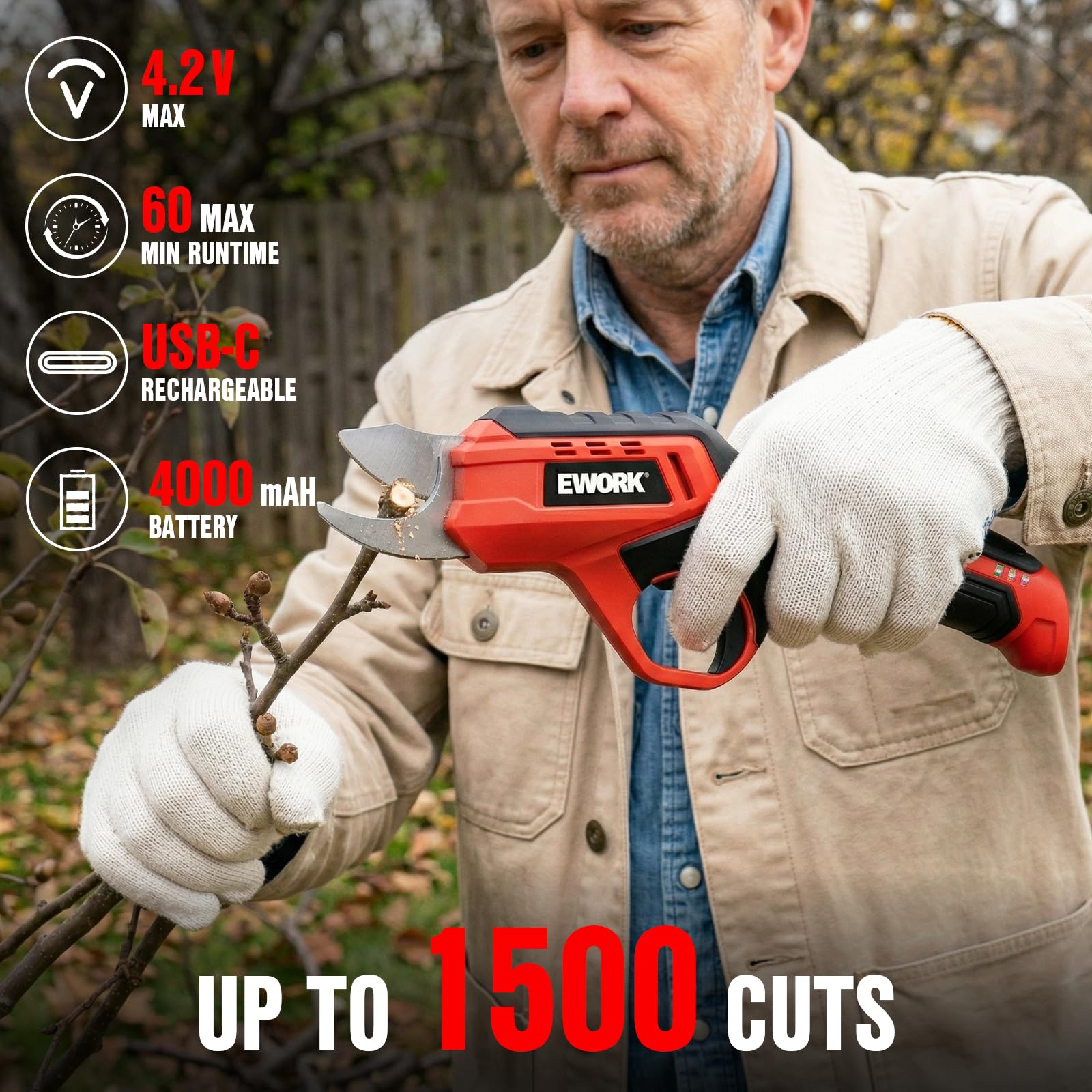 EWORK Electric Pruning Shears in use on garden branches