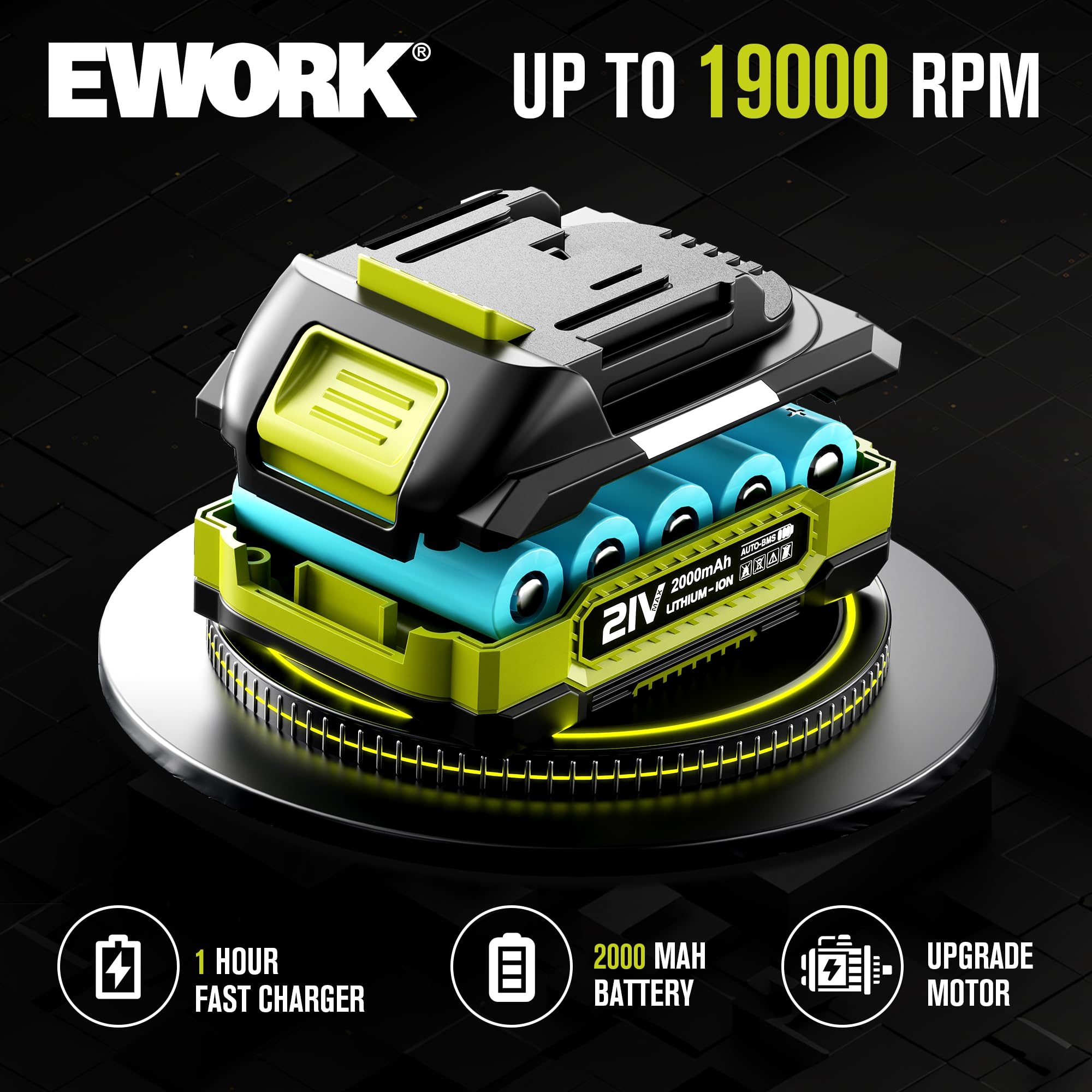 EWORK leaf blower displayed on a workbench with debris