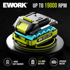 EWORK leaf blower displayed on a workbench with debris