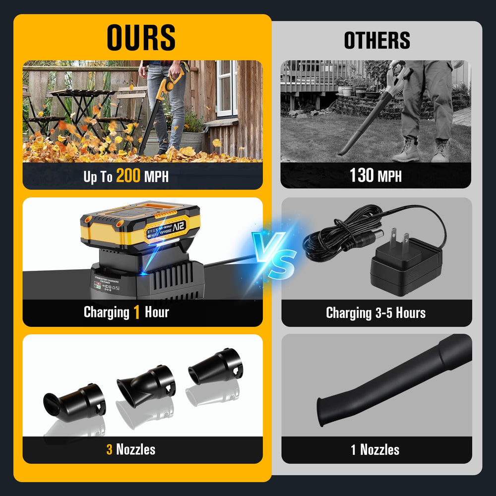 EWORK Leaf Blower showing included batteries and charger