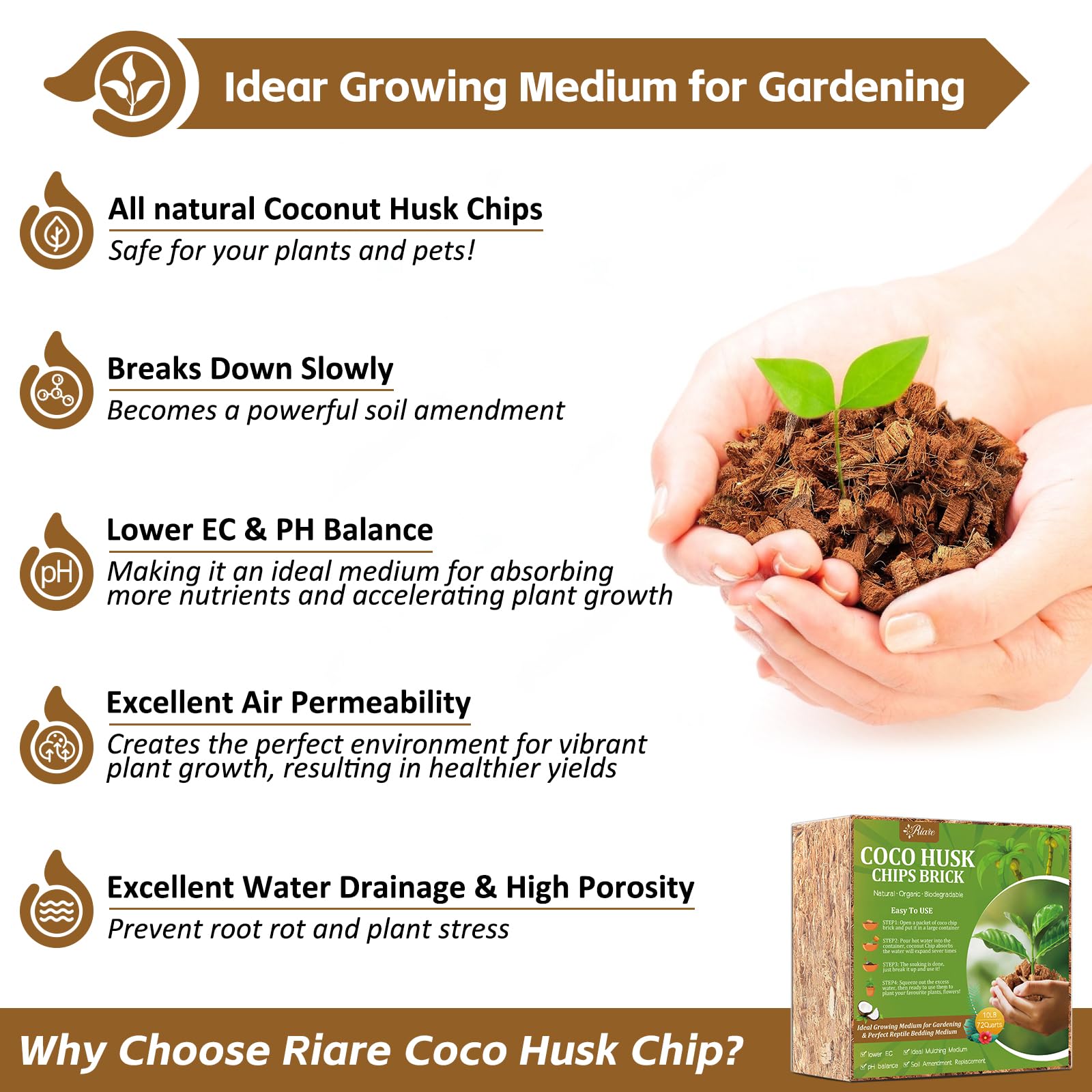 Expanded Riare coconut coir chips in a pot