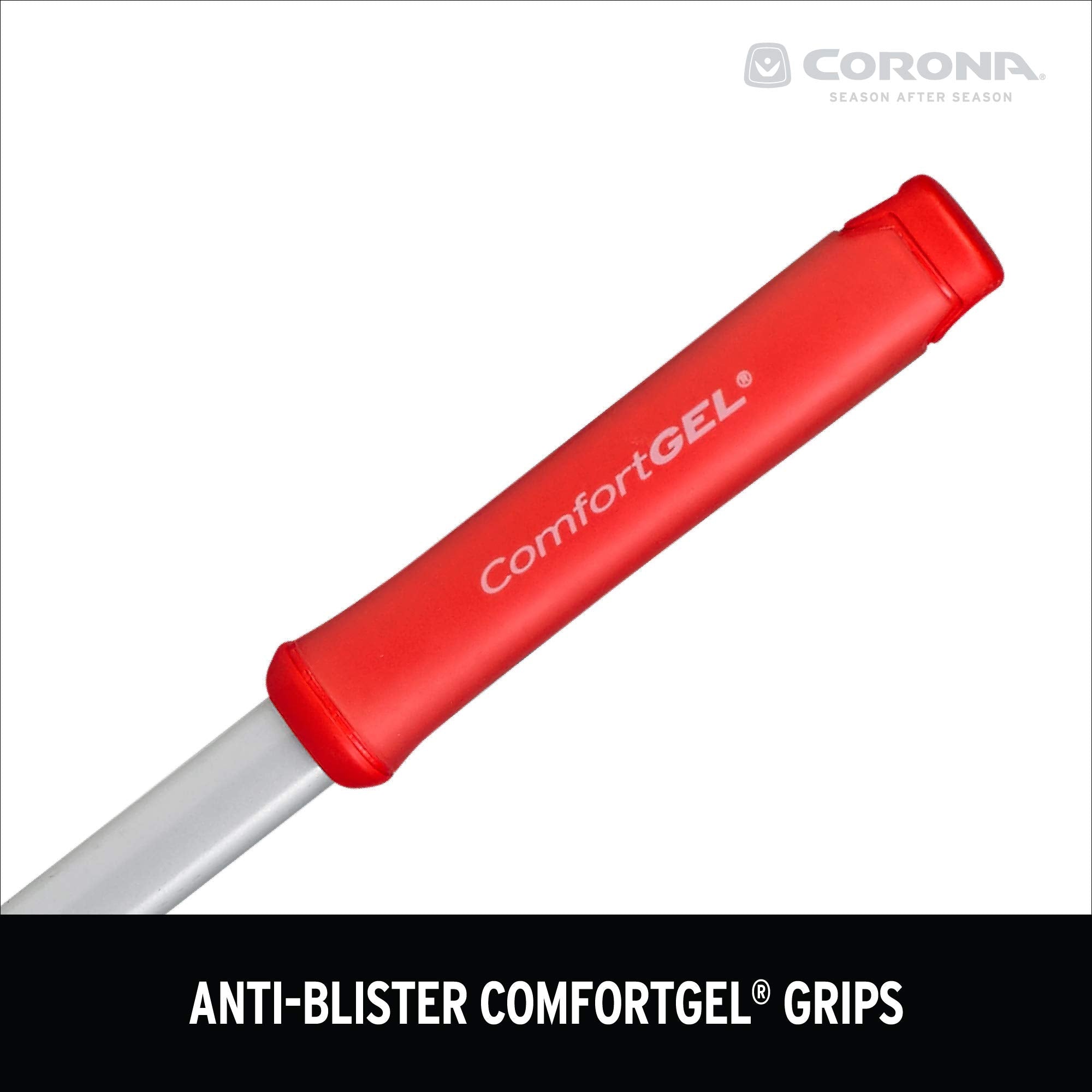 Extended handle of the Corona Clipper rake for hard-to-reach areas