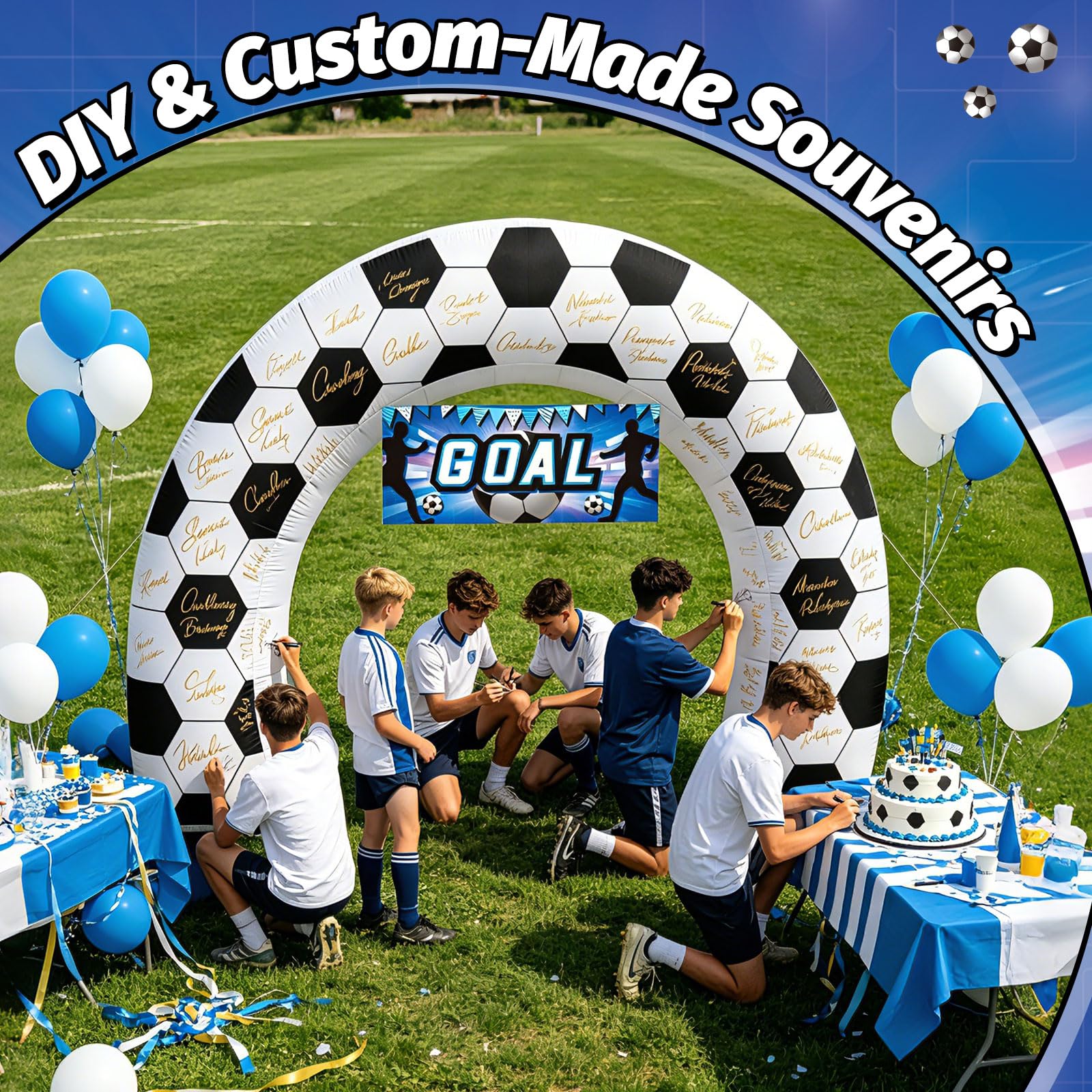 Eyourlife inflatable soccer arch setup at a backyard party
