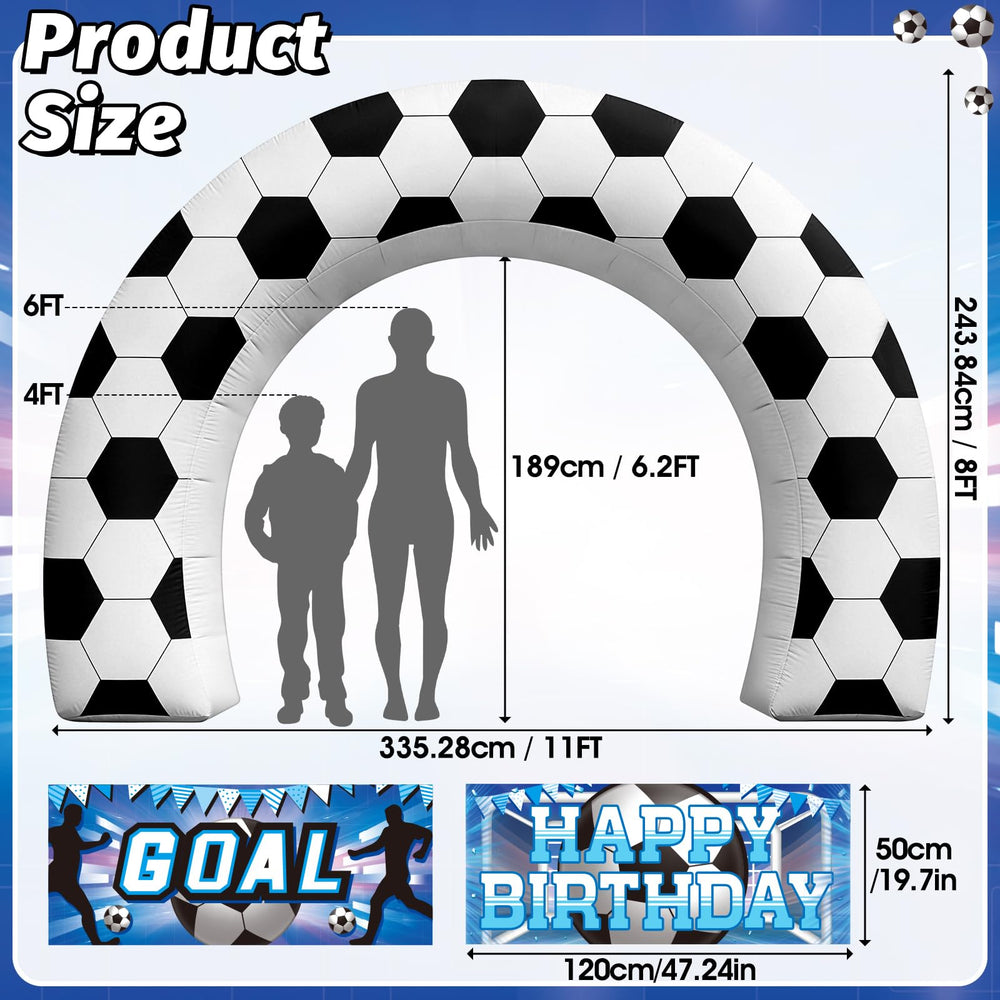 Eyourlife inflatable soccer arch showing built-in LED lights at night