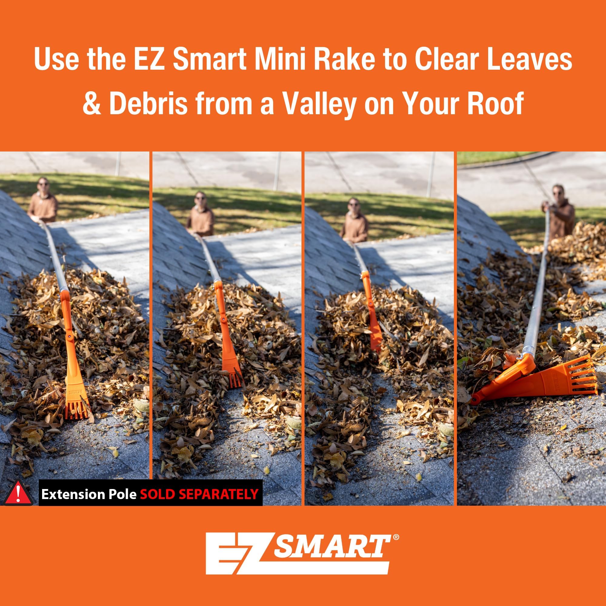 EZ SMART Mini Gutter Rake attached to an extension pole