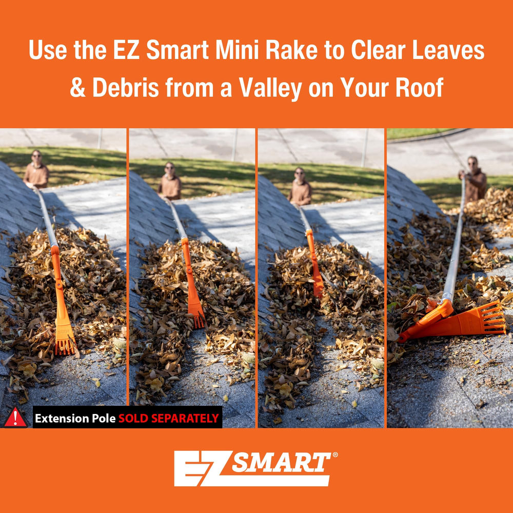EZ SMART Mini Gutter Rake attached to an extension pole