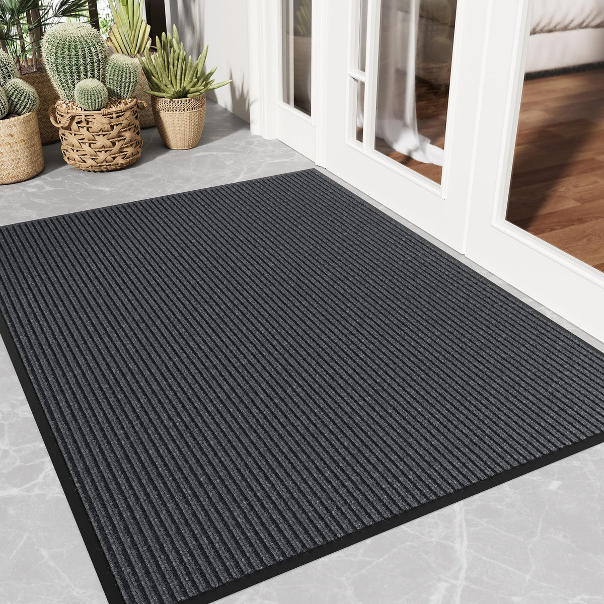 EZ2LIVE Front Door Mat 3' x 4' grey striped design