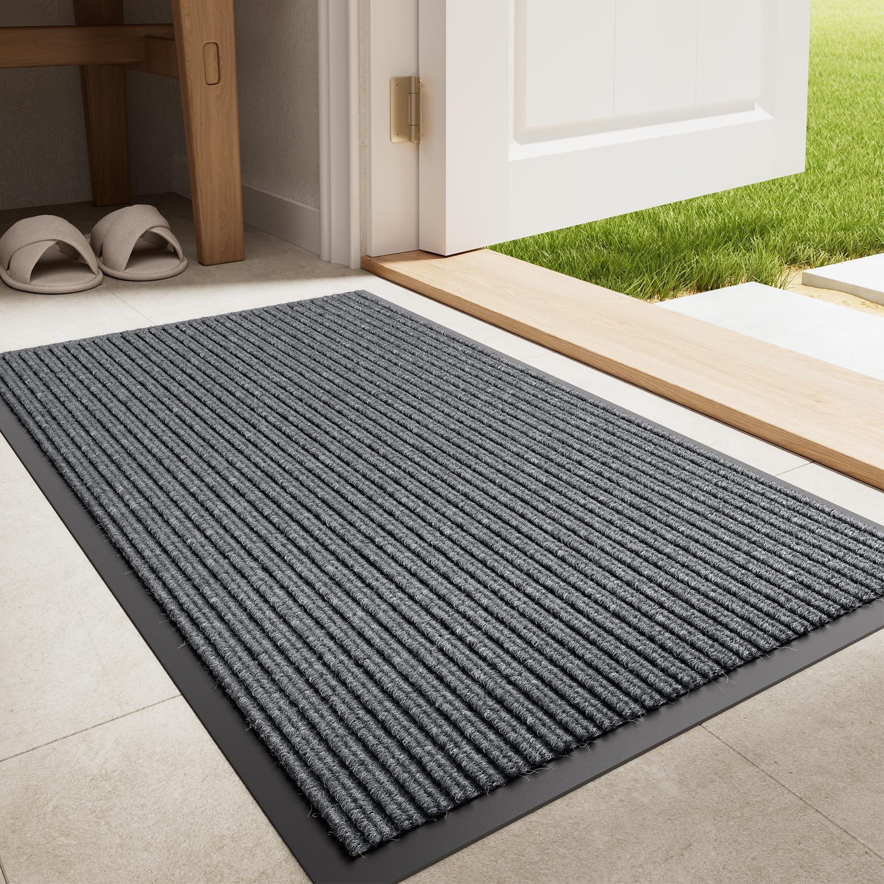 EZ2LIVE Heavy Duty Non-Slip Doormat front view, grey striped