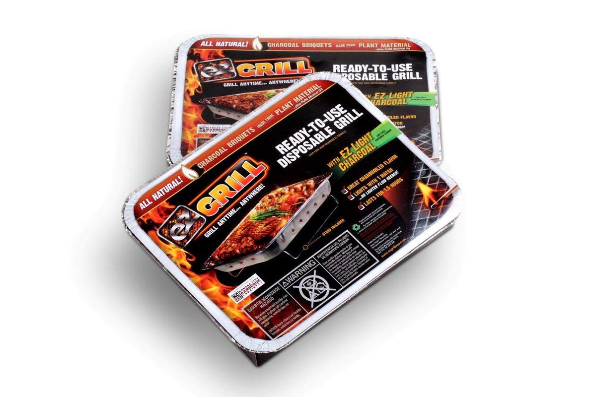 EZGRILL Disposable Charcoal Grill front view with aluminum foil pan