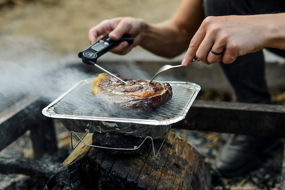 EZGRILL Disposable Charcoal Grill showing grilled burgers