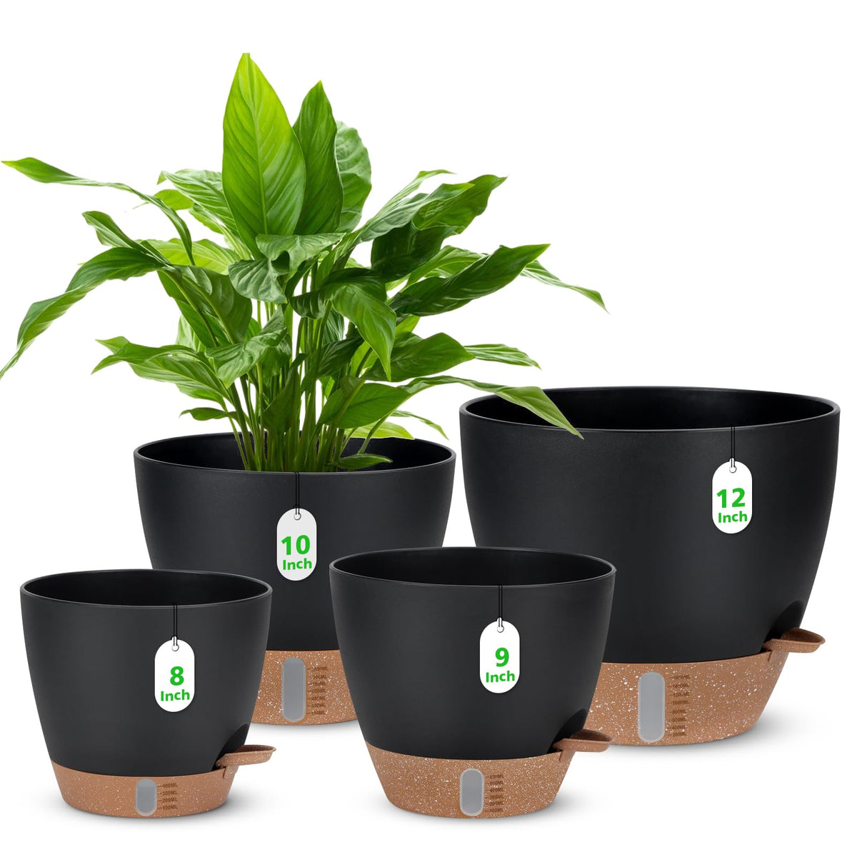 Ezmixcoop self watering pot set including 12-inch, 10-inch, 9-inch, and 8-inch pots in black