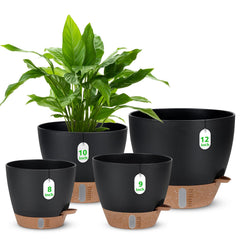 Ezmixcoop self watering pot set including 12-inch, 10-inch, 9-inch, and 8-inch pots in black