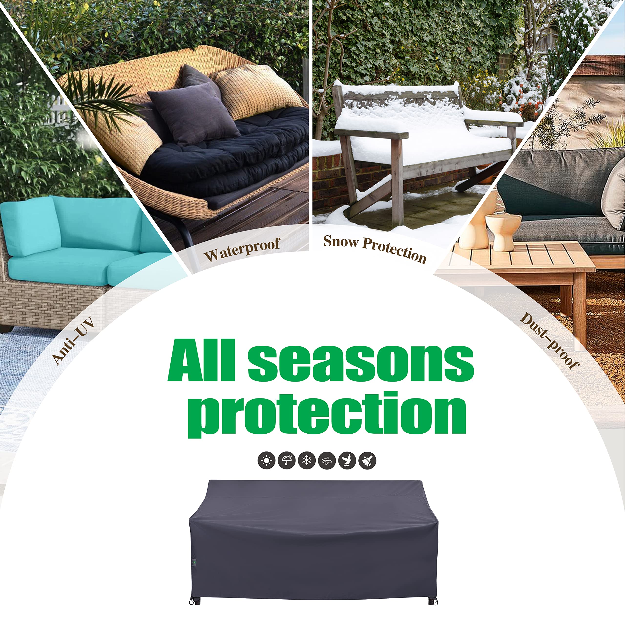 F&J Outdoors Patio Sofa Cover dimensions displayed on packaging