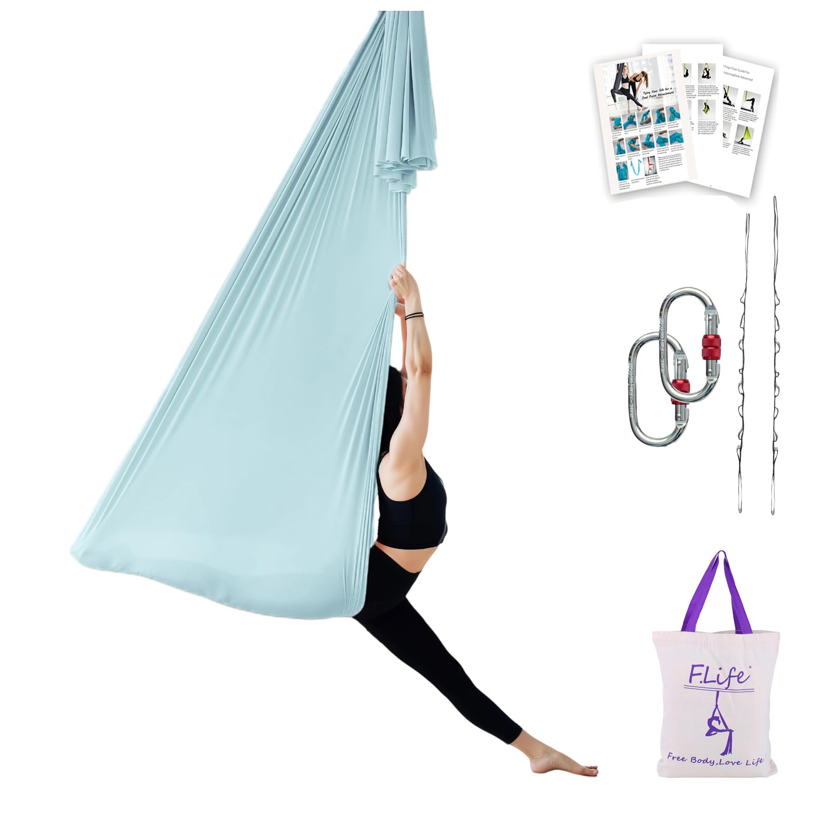 F.Life Aerial Yoga Hammock 5.5 yards in lake blue with carabiners