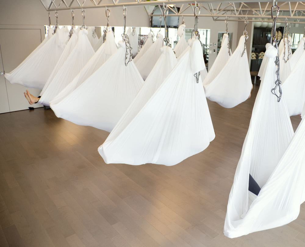 F.Life Aerial Yoga Hammock set up with carabiners and daisy chains