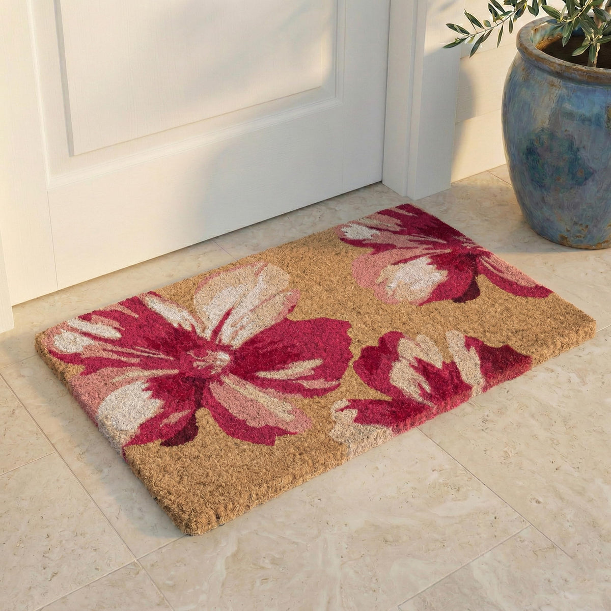 FAB HAB Floral Extra Thick Doormat front view with Clio Pink pattern