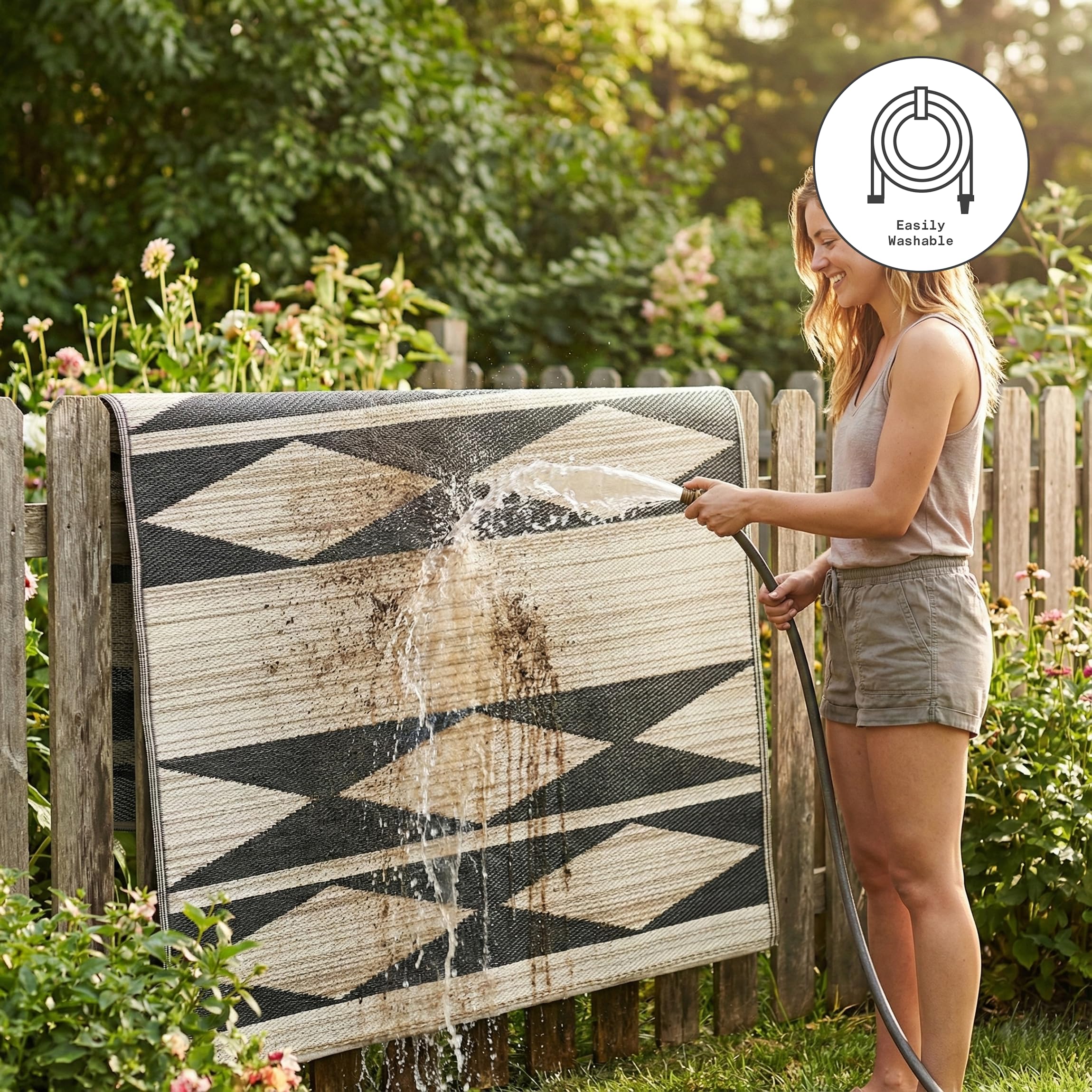 FAB HAB Outdoor Rug on a deck next to outdoor furniture