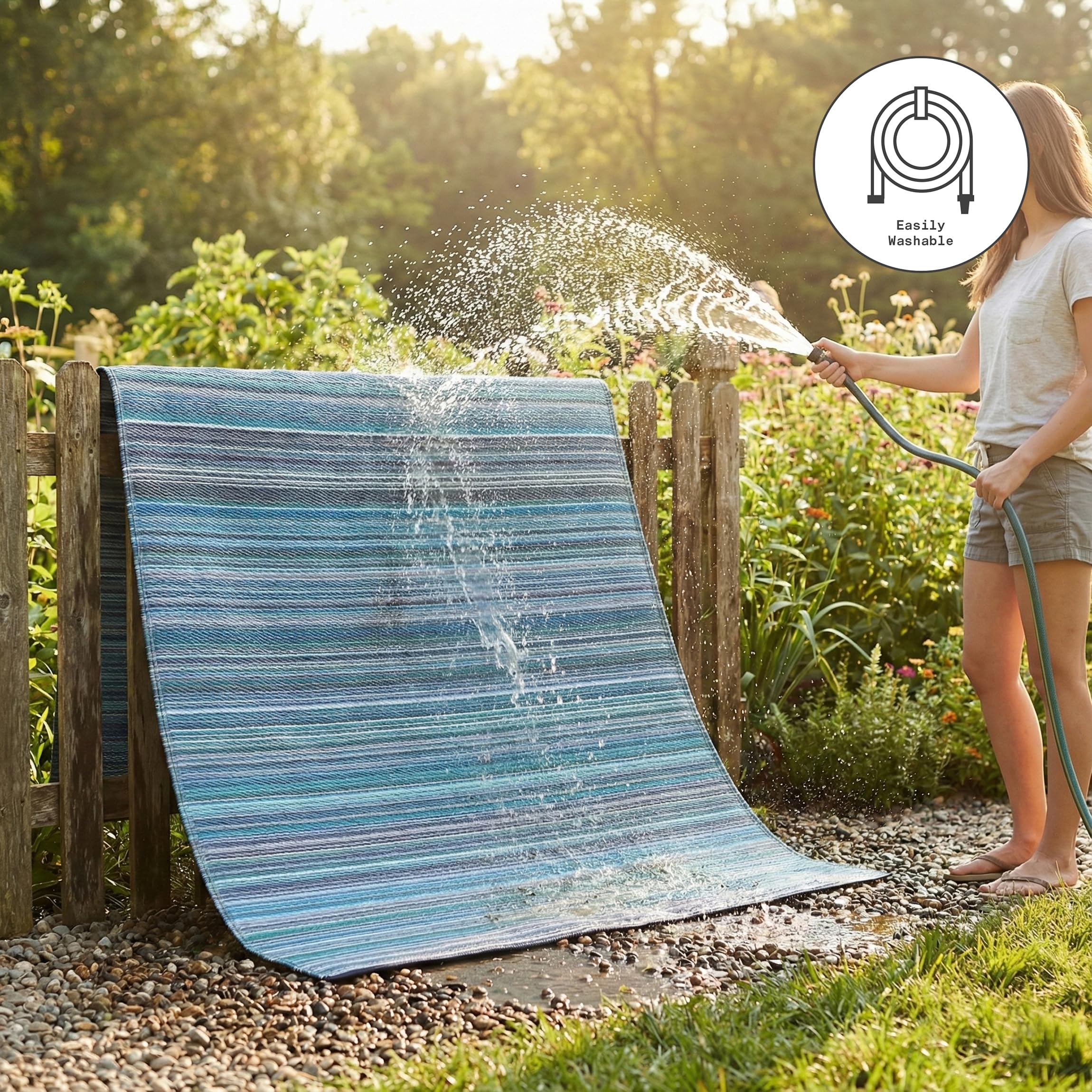 FAB HAB Outdoor Rug on a deck with furniture
