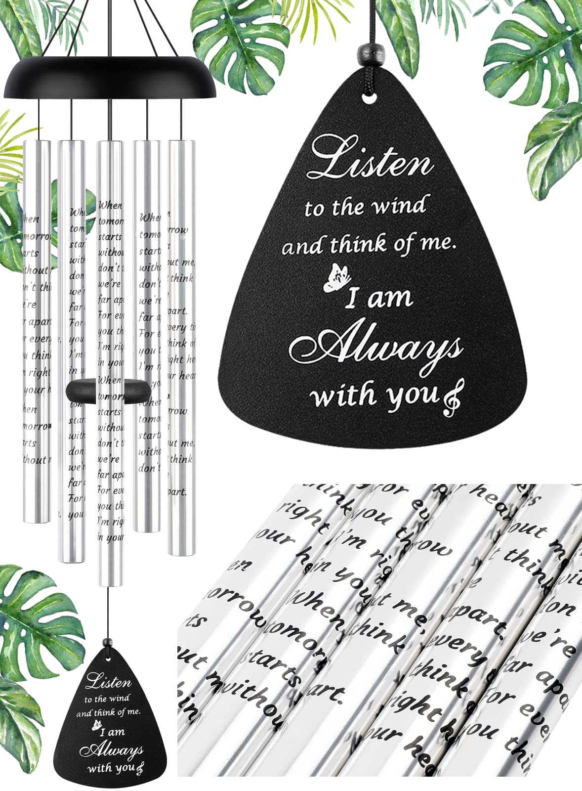 Fabuday 36'' Sympathy Wind Chimes front view with black and silver finish