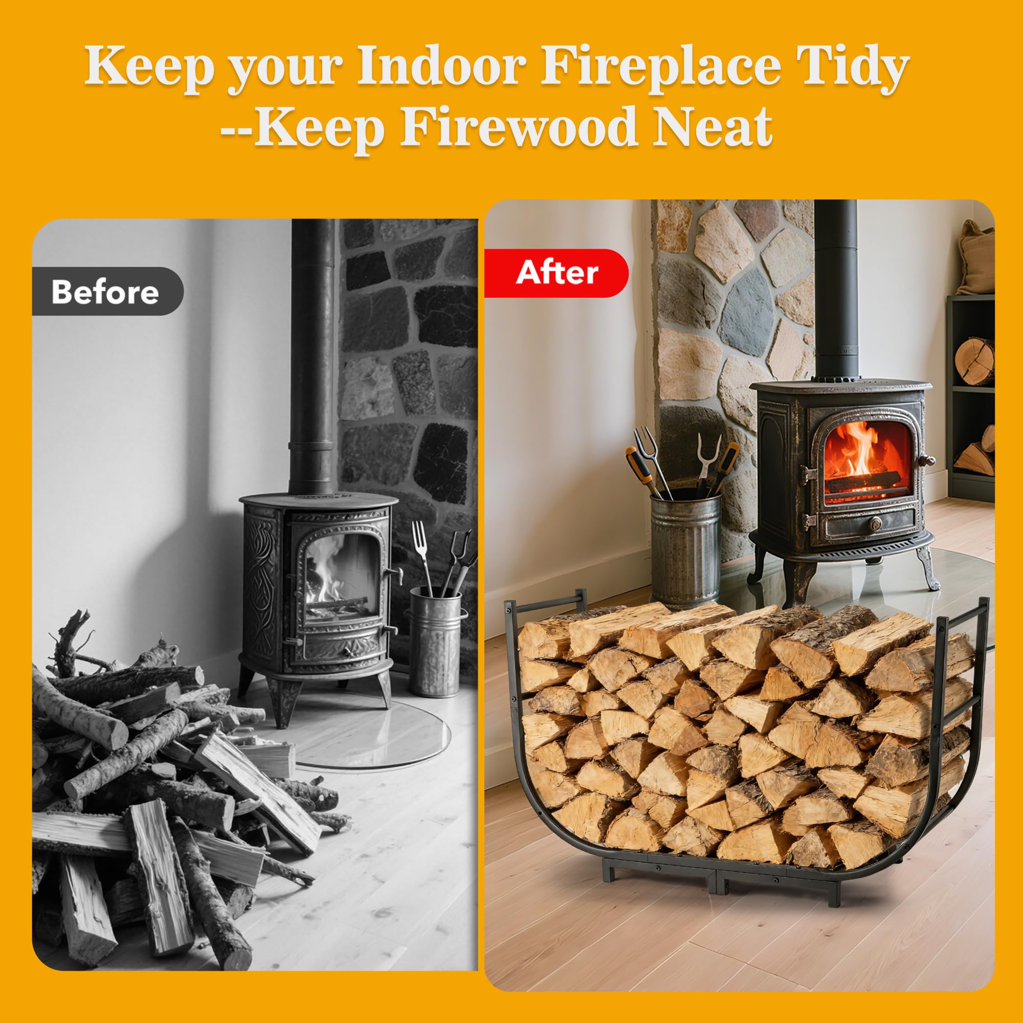 facka firewood rack with stacked logs beside a fireplace