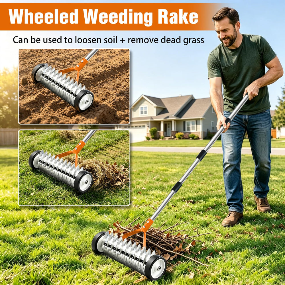 Failenfeivp Thatch Rake showing adjustable handle lengths