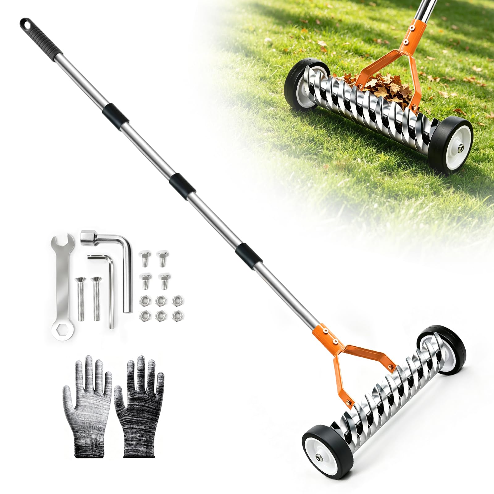 Failenfeivp Thatch Rake with 15.3-inch head and wheels, front view