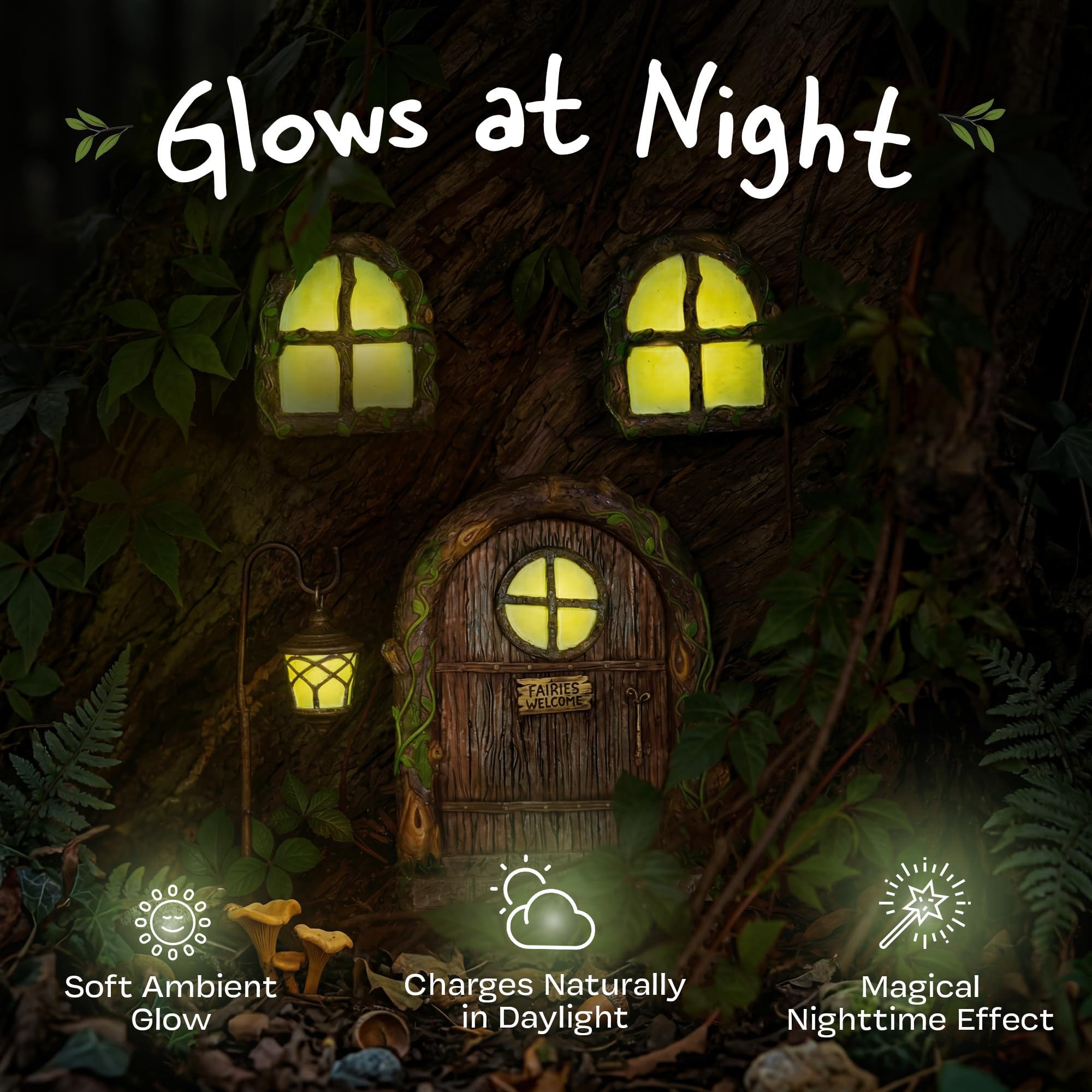 Fairy door kit components including lantern and windows