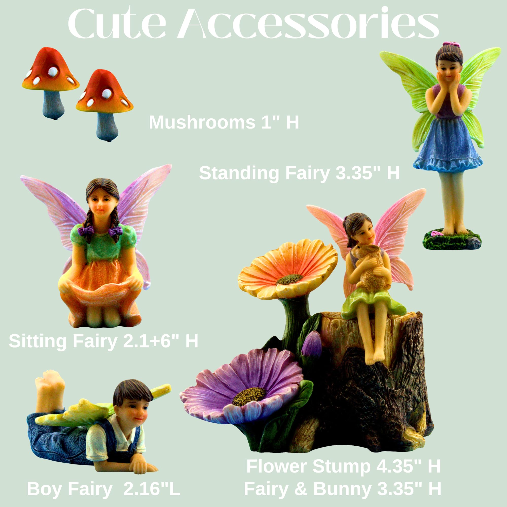 Fairy garden mushrooms and figurines in outdoor setting