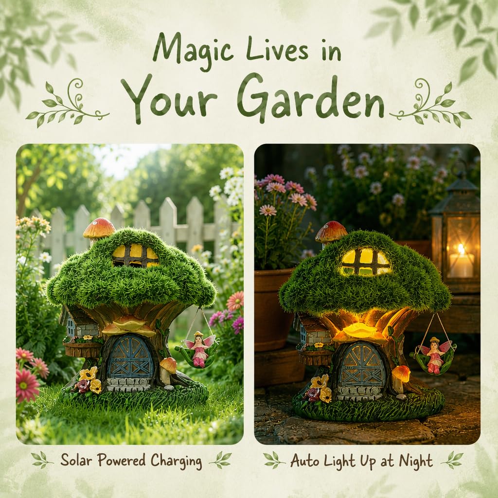 Fairy house statue illuminated at night