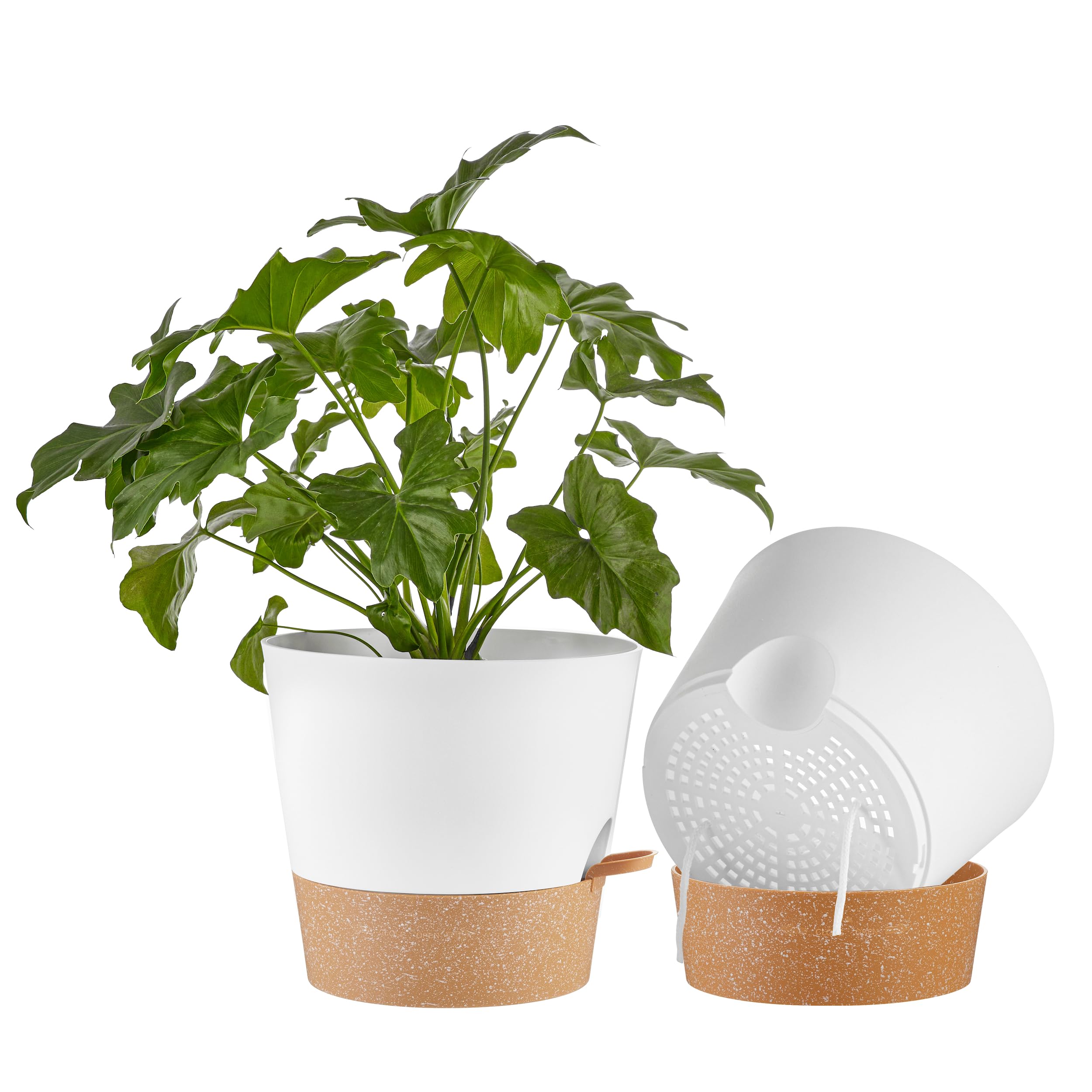 FaithLand 10 Inch Self-Watering Planter Pot front view in white with terracotta