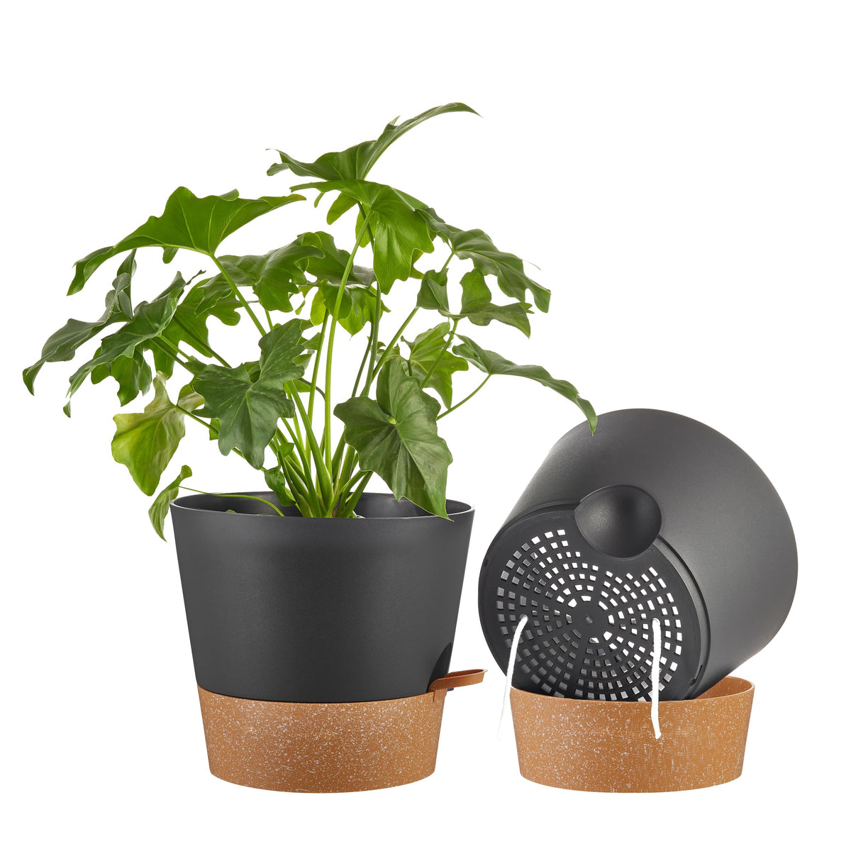 FaithLand 10 Inch self-watering planter pot in black with terracotta base