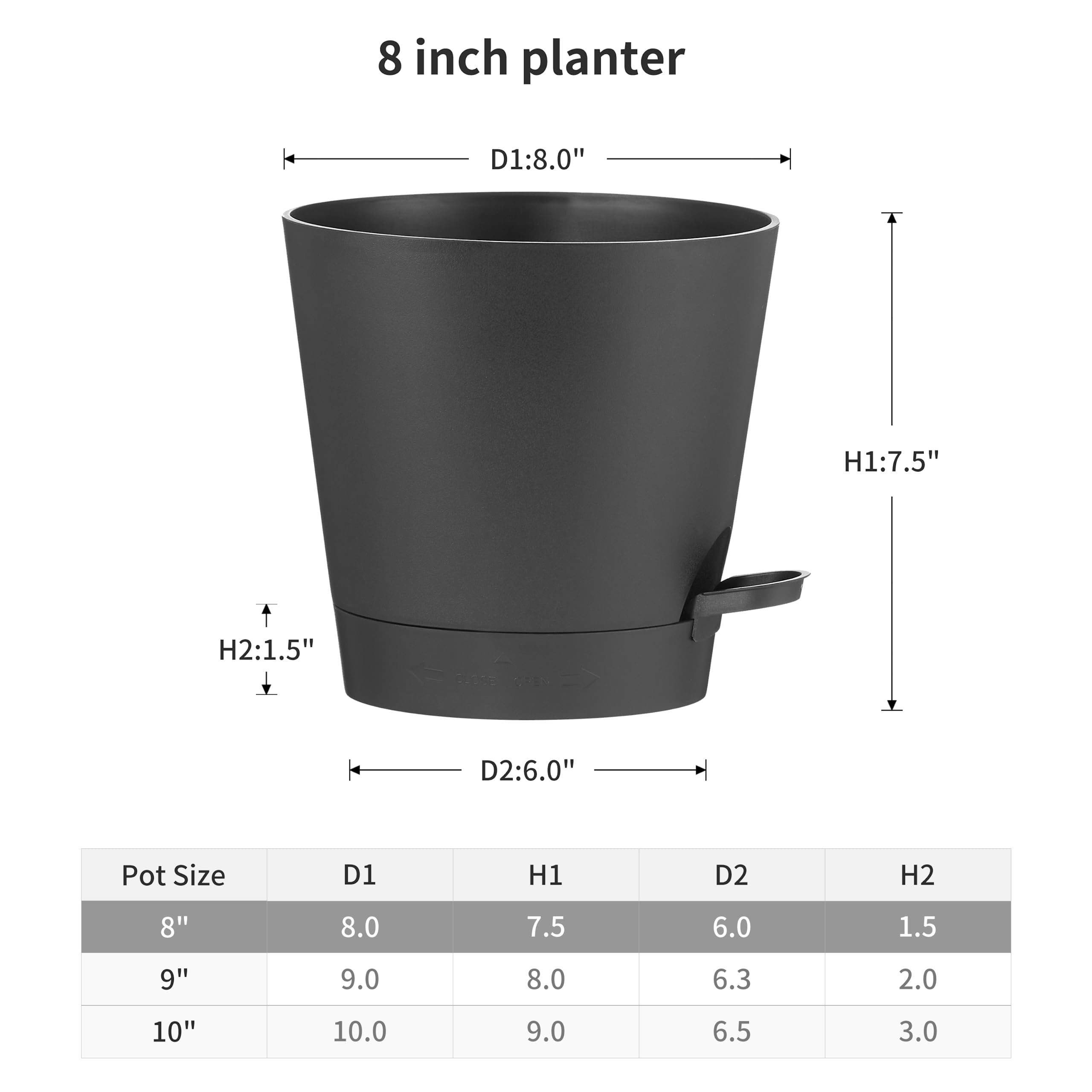 FaithLand 8 Inch black planter pot with detachable watering lip