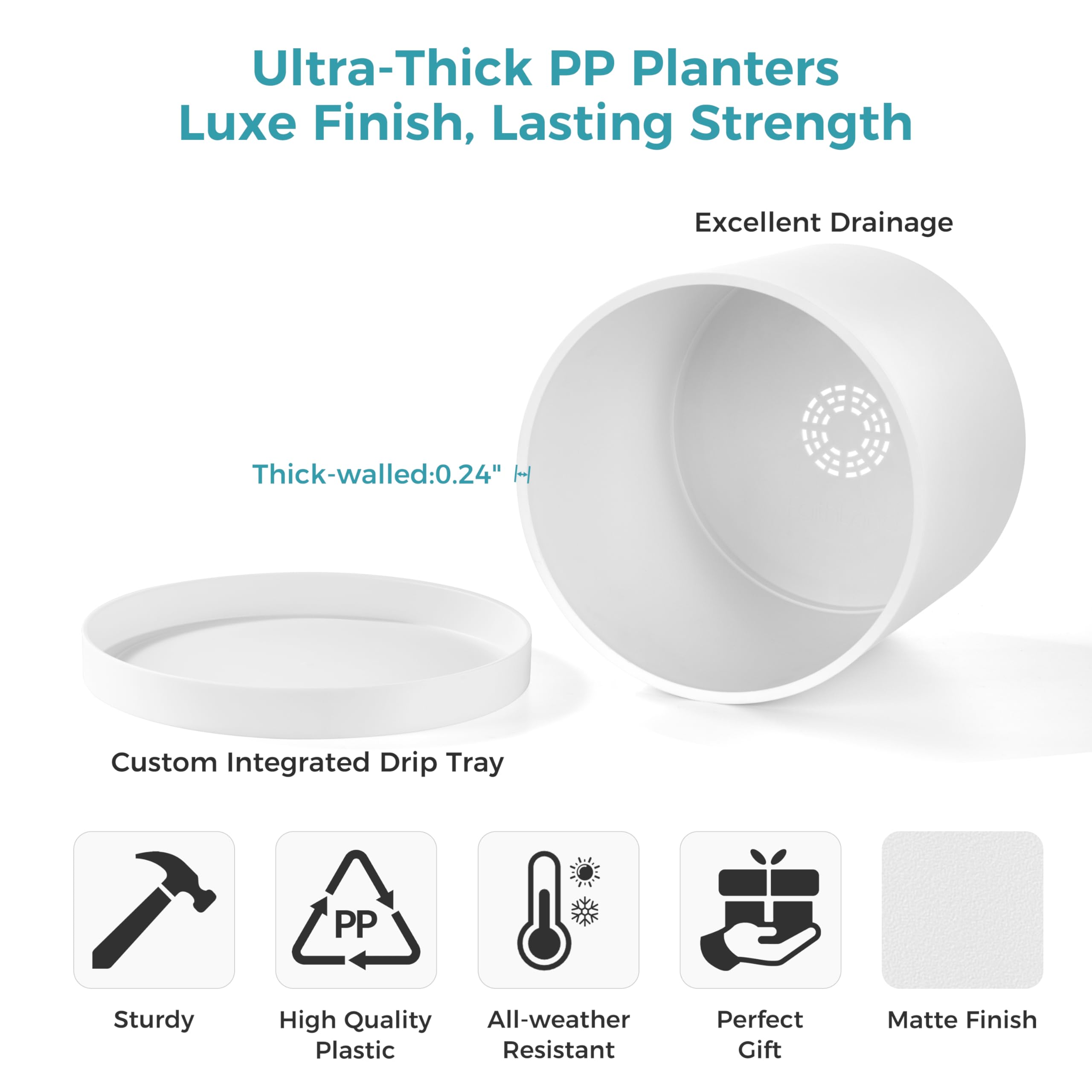 FaithLand 8-Inch Matte White Planter with detachable saucer