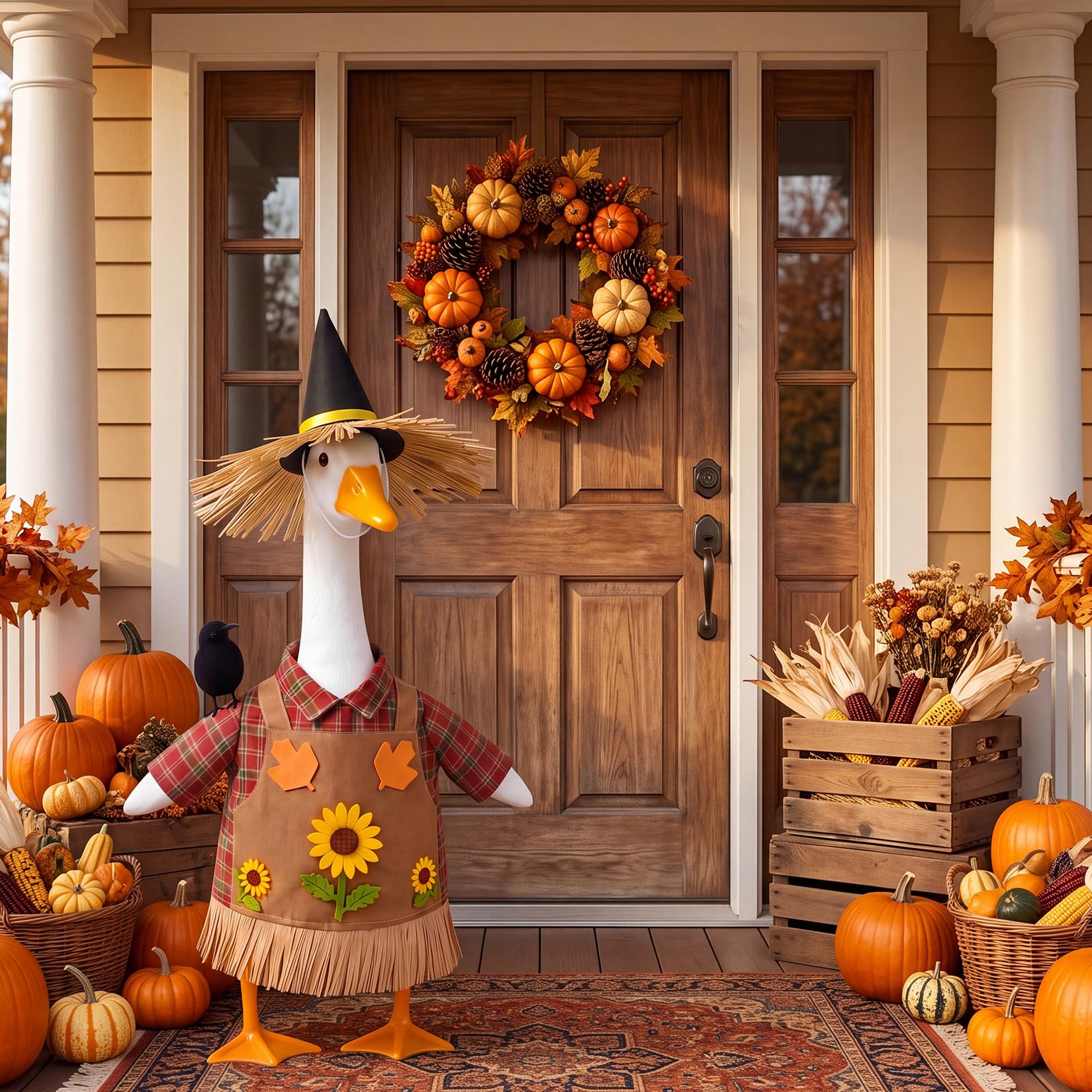 Fall porch display featuring the scarecrow outfit with pumpkins and hay bales