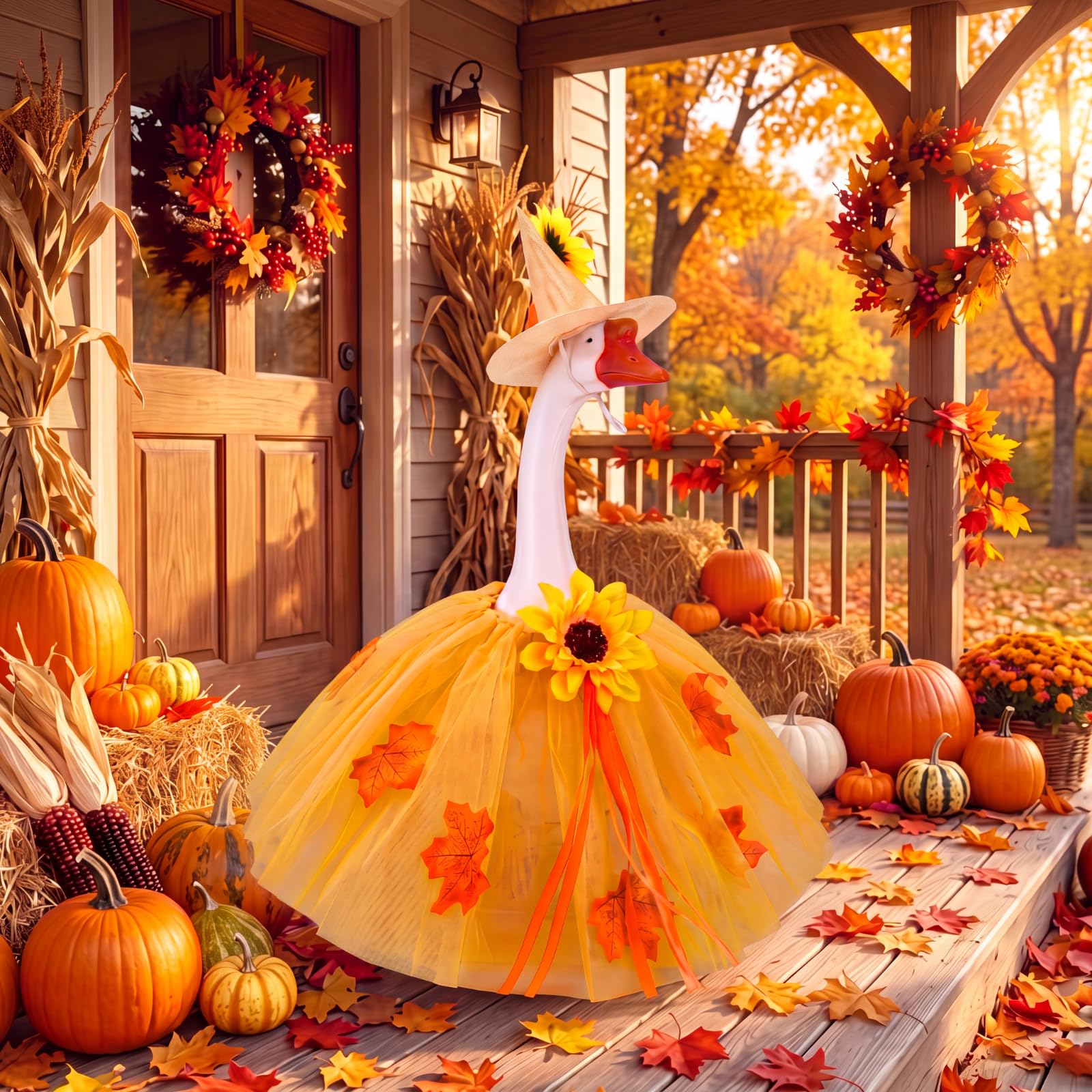 Fall porch goose costume on a statue next to autumn leaves
