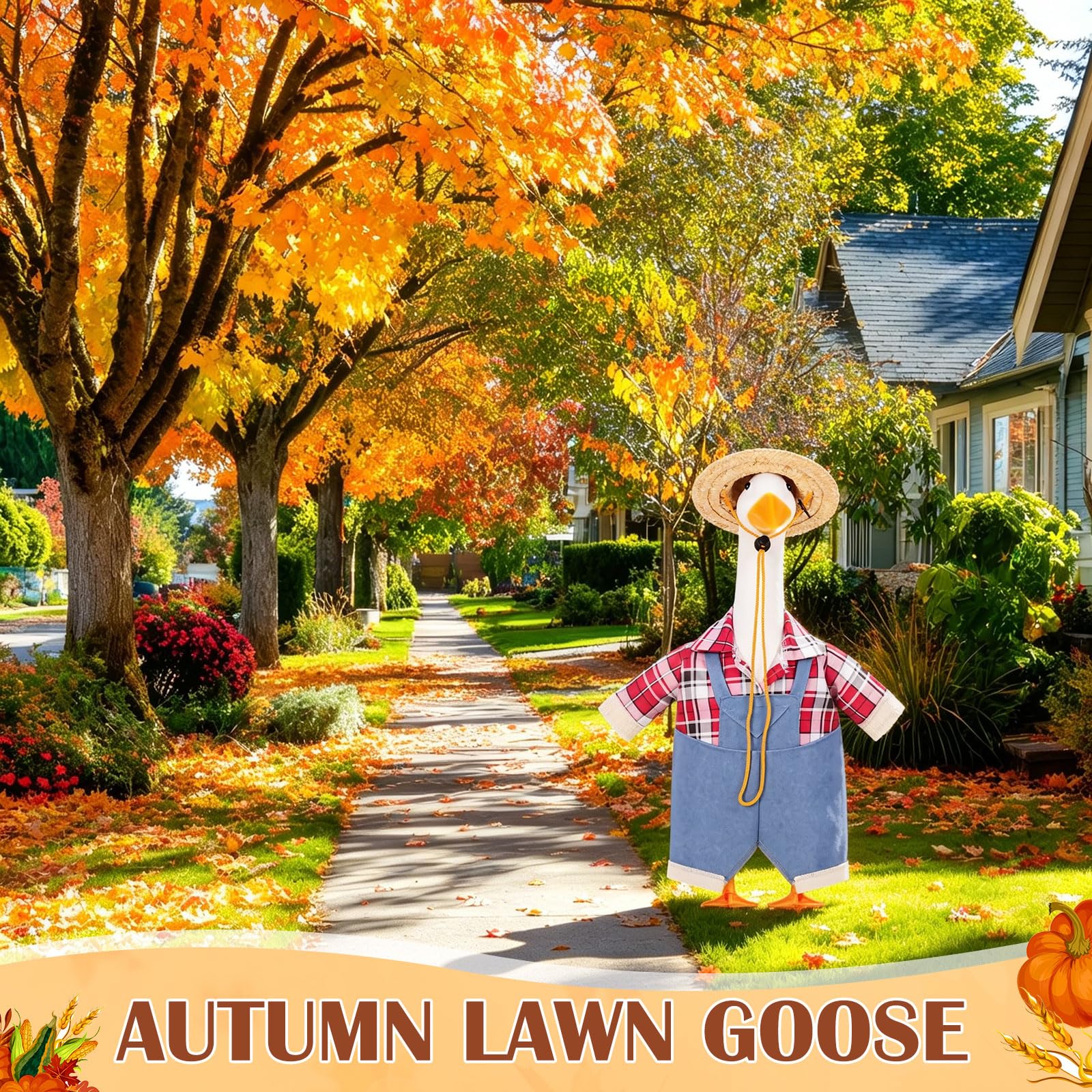 Fall-themed goose costume set on a garden porch