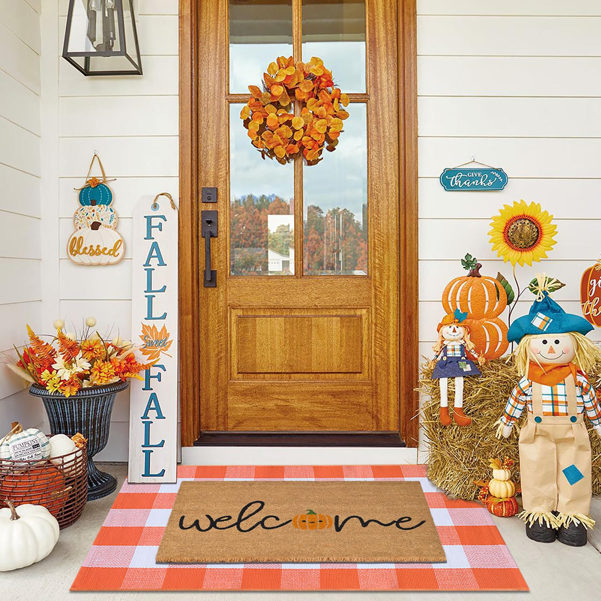 Fallovea Fall Door Mat Combo Set with coco coir welcome mat and plaid rug