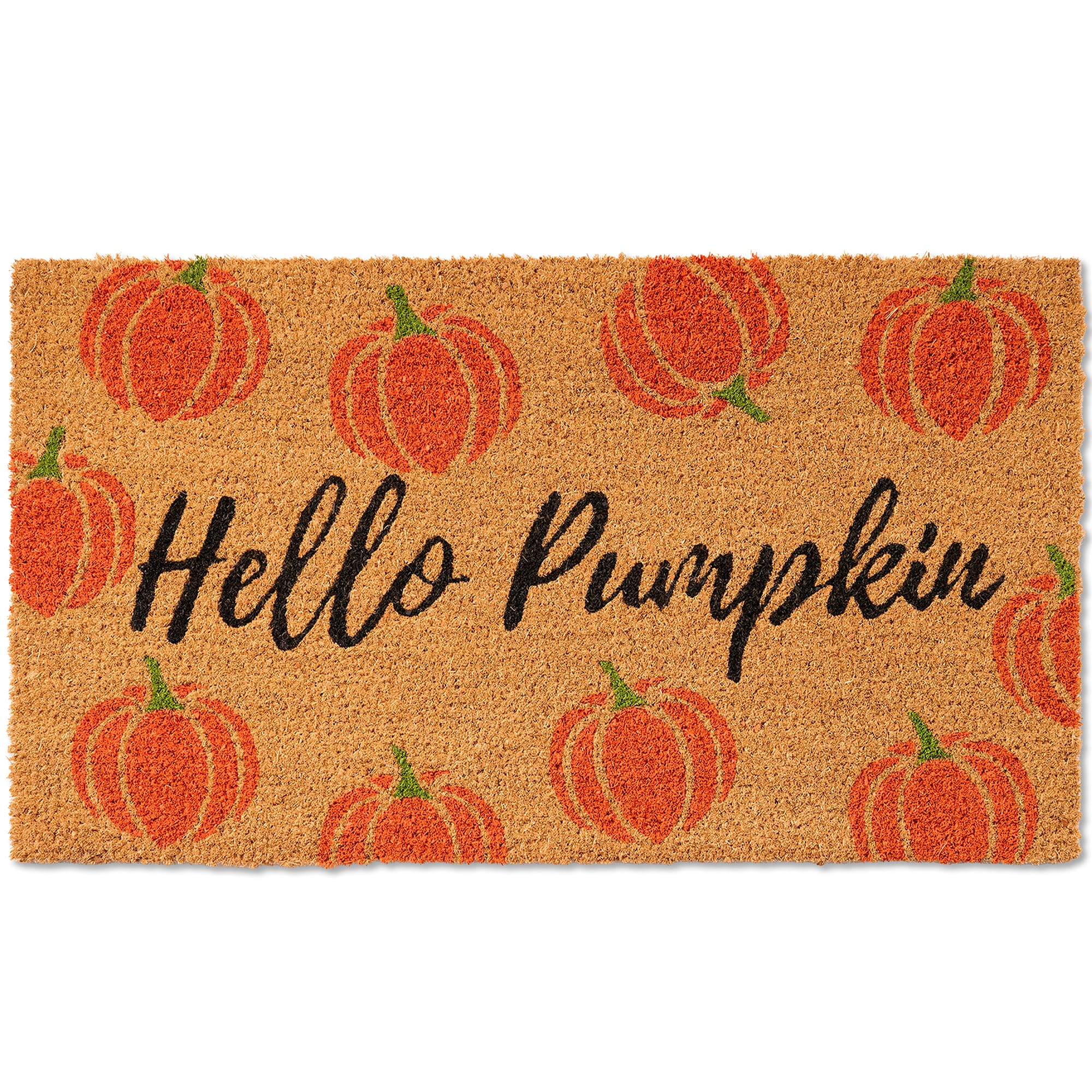 Fallovea Hello Pumpkin Coir Doormat front view with pumpkin design