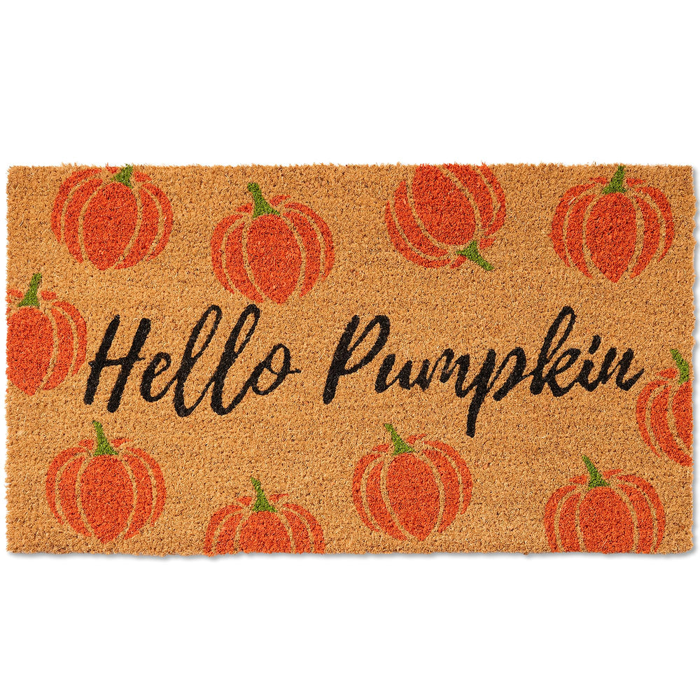 Fallovea Hello Pumpkin Coir Doormat front view with pumpkin design