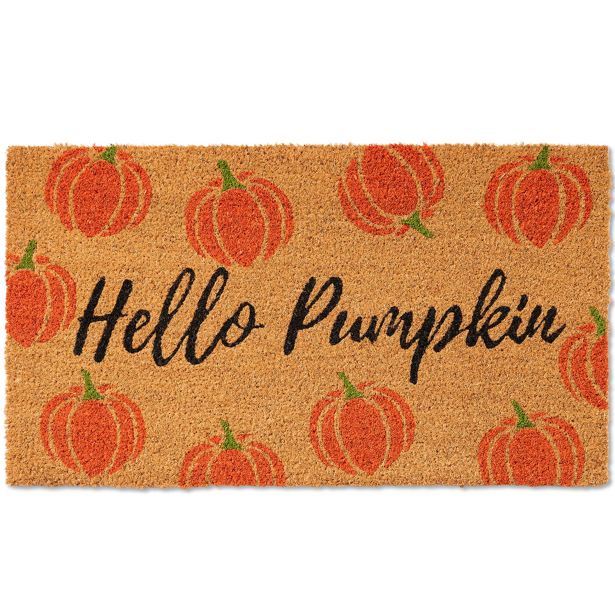 Fallovea Hello Pumpkin Coir Doormat front view with pumpkin design