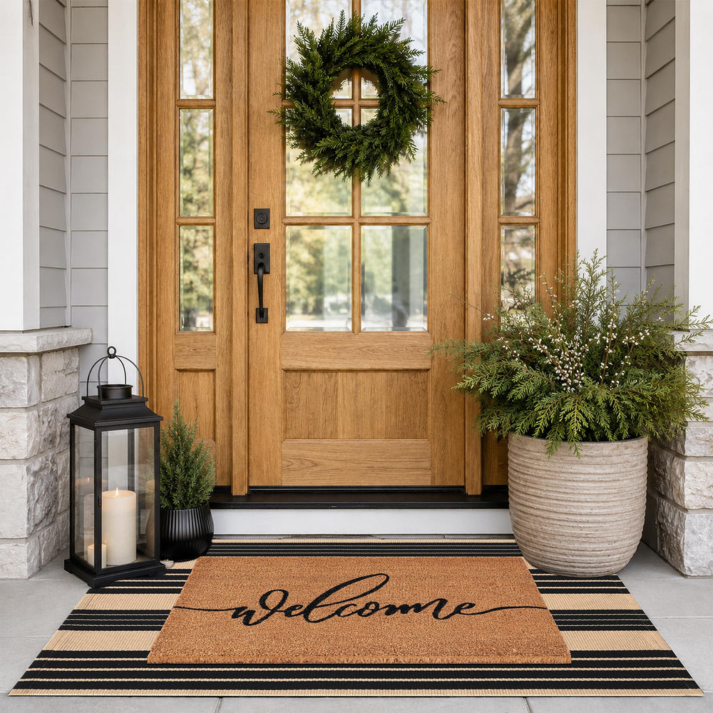 Fallovea Welcome Coco Coir Doormat with Black and Brown Striped Rug