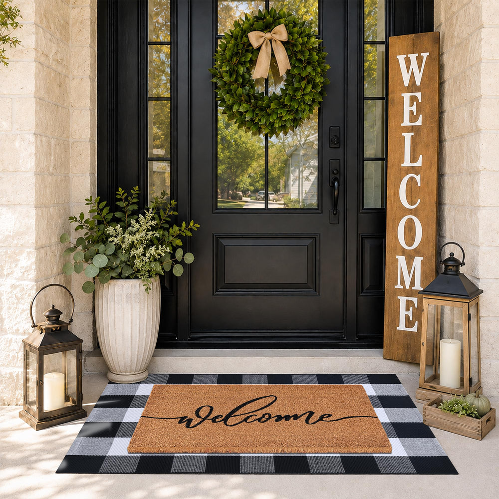 Fallovea Welcome Door Mat and plaid rug arranged at an entryway