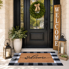 Fallovea Welcome Door Mat and plaid rug arranged at an entryway