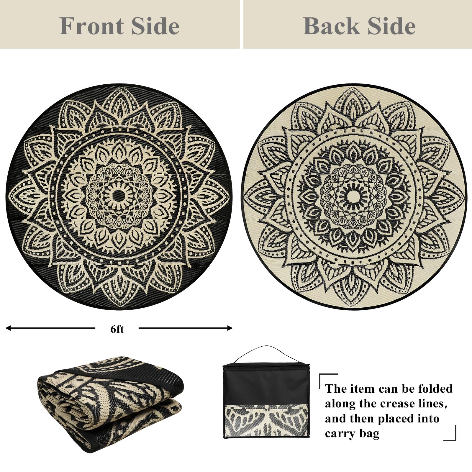 famibay 6 Ft Round Outdoor Rug folded in carrying bag