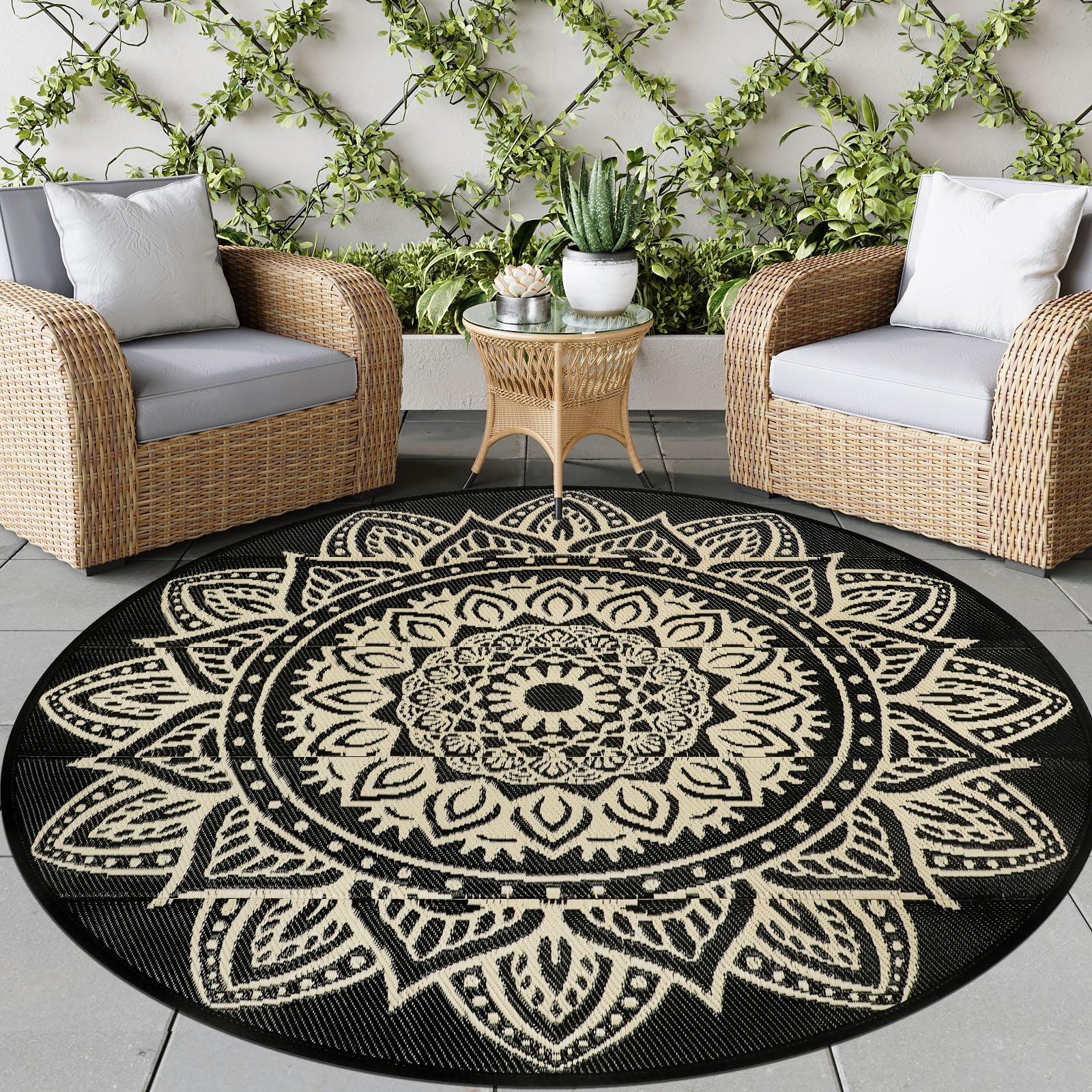 famibay 6 Ft Round Outdoor Rug in Black Camel, top view