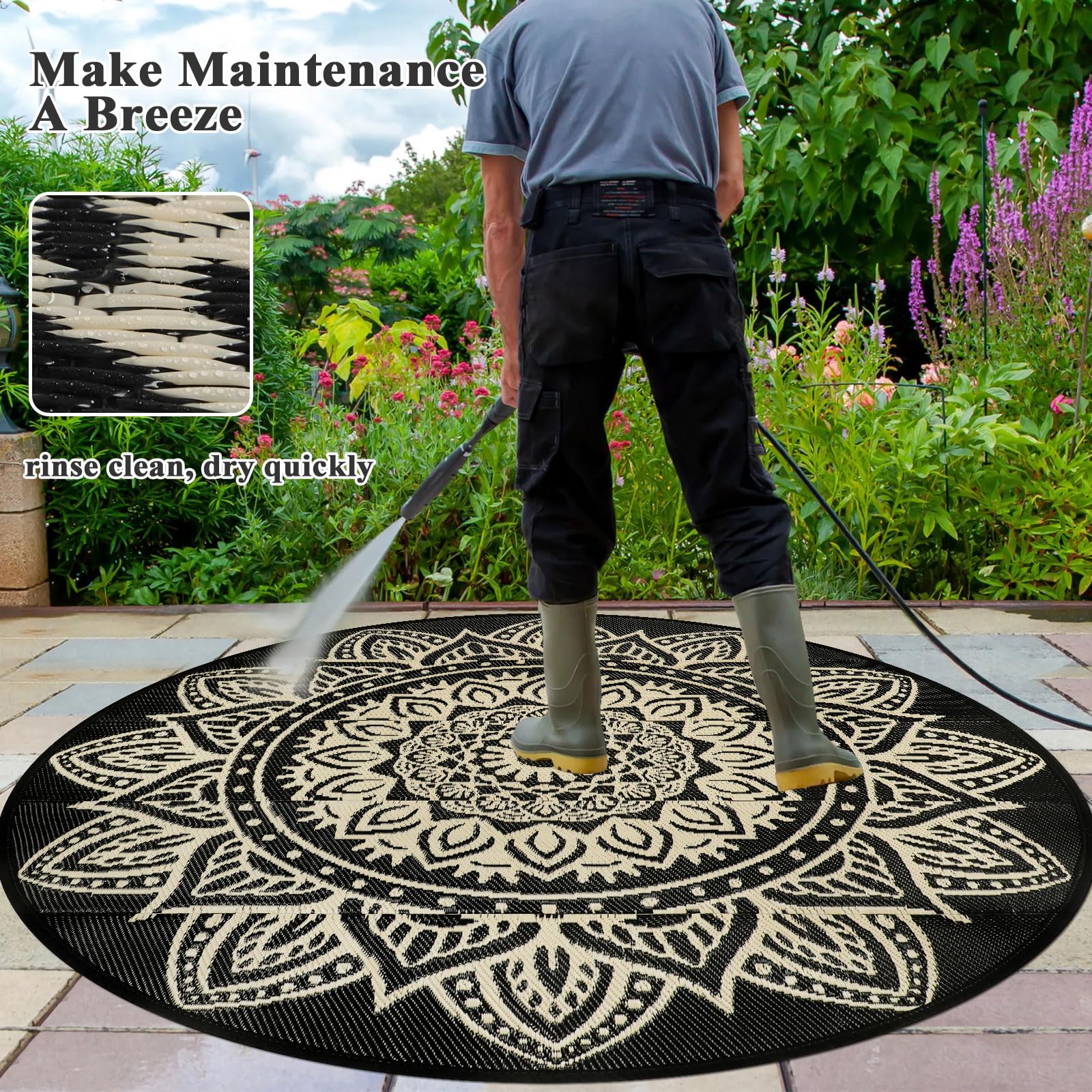 famibay 6 Ft Round Outdoor Rug showing vintage Mandala pattern