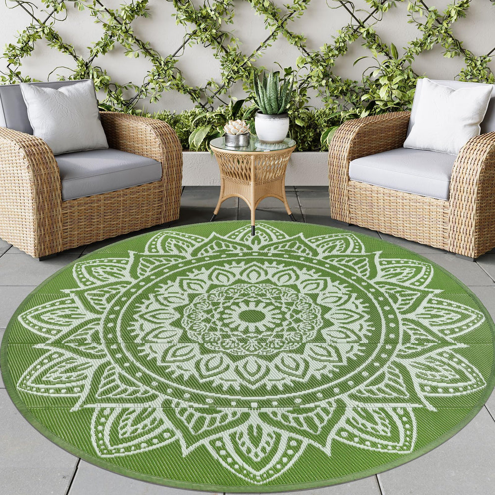 famibay 8ft round outdoor rug in yellowish green on a patio