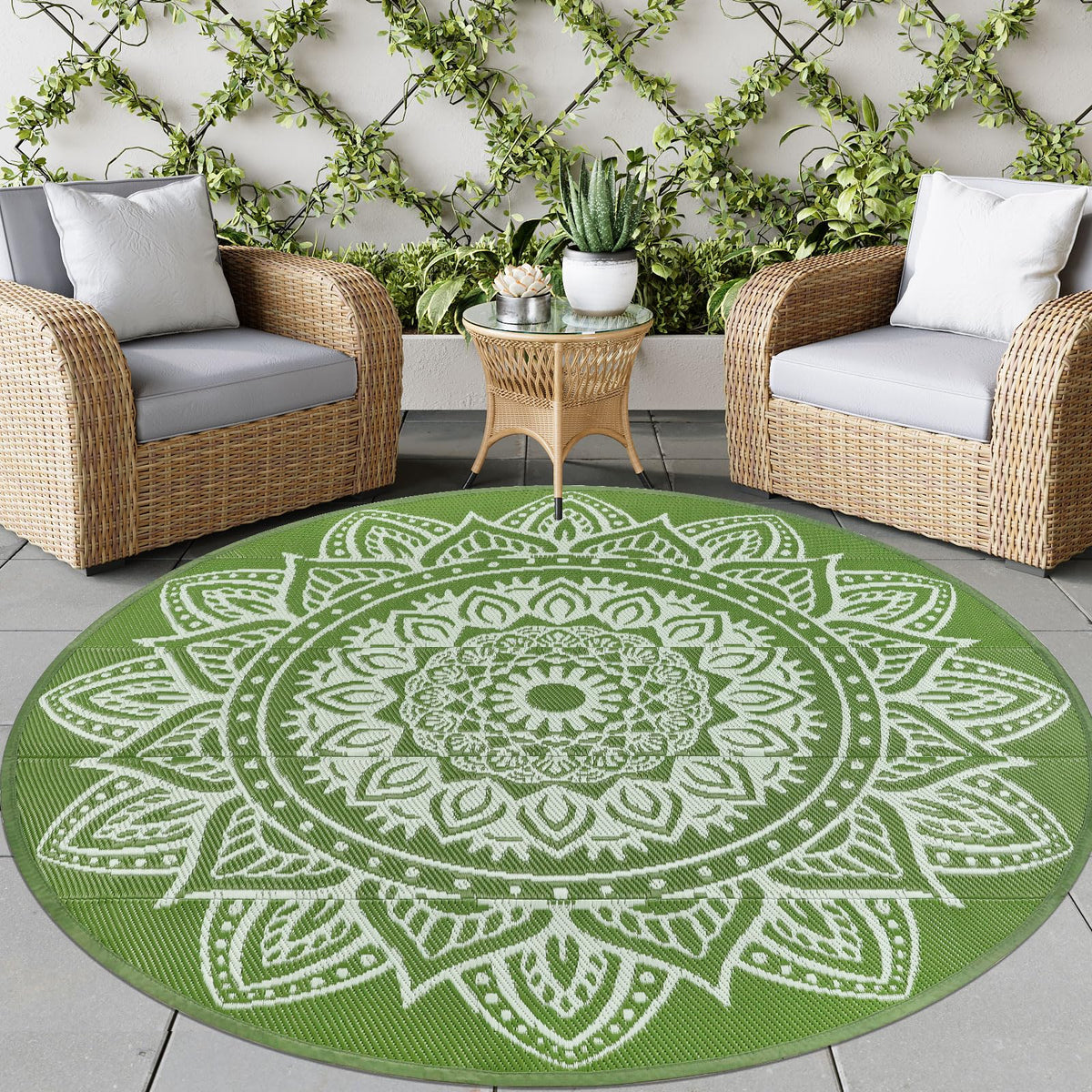 famibay 8ft round outdoor rug in yellowish green on a patio
