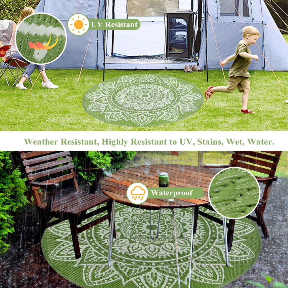 famibay outdoor rug placed on grass in a garden setting